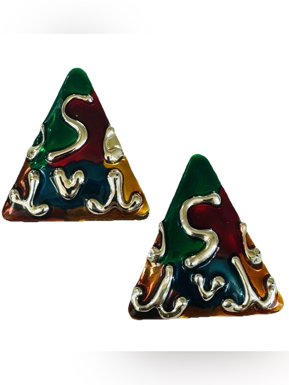 VTG 1980s Abstract Geometric Enamel Triangle Earrings Gold-Tone Retro Memphis